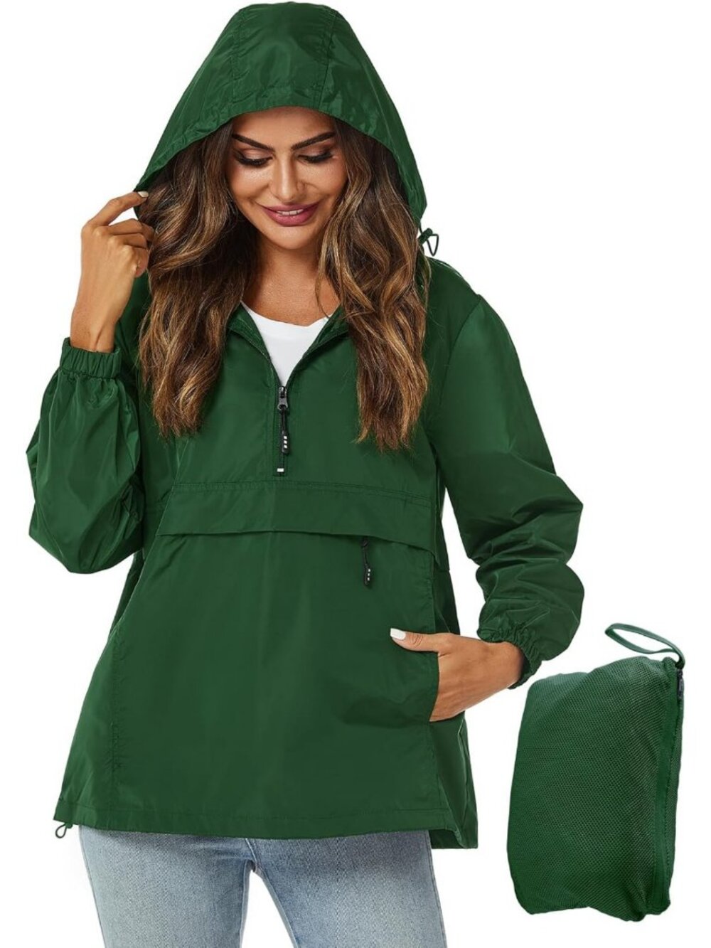 Lightweight Waterproof Rain Jacket with Hood, Packable Pullover Windbreaker